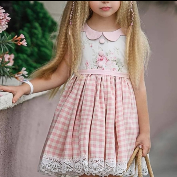 Dollcake Dress Maddy Pink White Plaid Roses Floral Full Skirt Girls 10 NWT - Picture 5 of 12